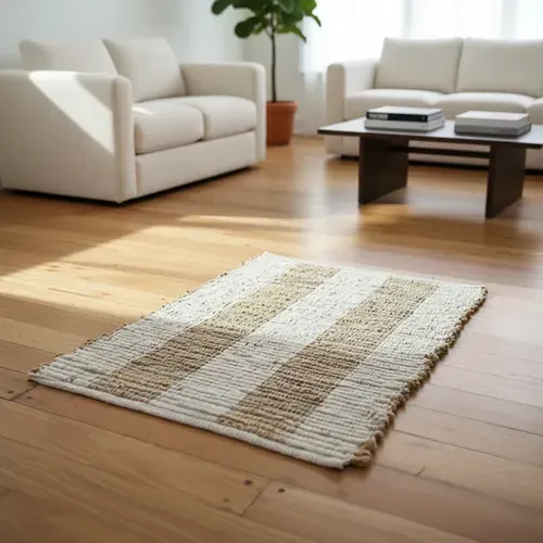 Alfombra Importada De India 100% Artesanal Tejida En Yute 90 Cm 60 Cm Beige Y Blanco