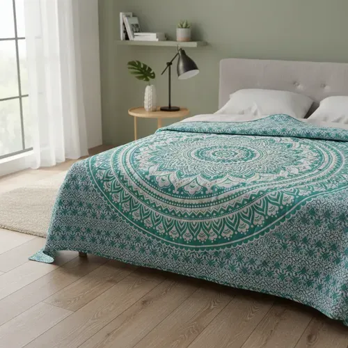 Cubre Camas Hindu - 100% Algodón De India - Colchas - Mantas Verde Y Blanco