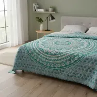 Cubre Camas Hindu - 100% Algodón De India - Colchas - Mantas Verde Y Blanco