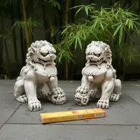 Pareja Perros Fu Apto Exterior Protección Feng Shui Zen 30cm Blanco
