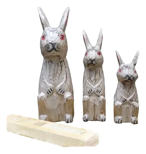 Juego X3 Conejos Tallados Madera Teka Oriente Importados Beige