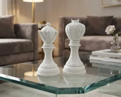 Rey Y Reina Set De Ajedrez Decorativa Esmaltada Blanco