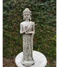 Estatua Buda Protección Resina Apto Exterior Jardín Pushkar Blanco