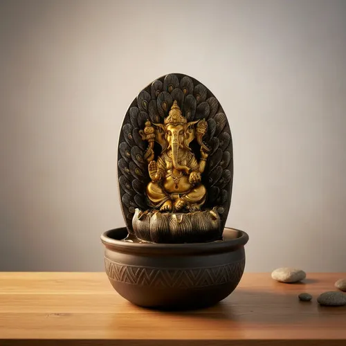 Fuente De Agua Ganesha Cascada Y Led Importada Zen Pushkar Dorado