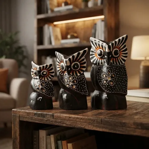 Familia De Búhos Hindú Set X 3 Madera Tallada Importado Modelo 3