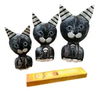 Gatos Tallados Set X 3 Madera Oriente 25-20-15 Cm Importados
