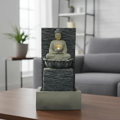 Fuente De Agua Símil Piedra Led Apto Exterior Feng Shui Deco Gris Oscuro