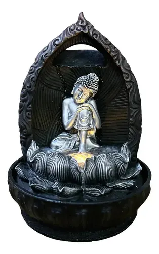 Fuente Buda 30 Cm Cascada Agua Sonido Zen Luz Led Importada  Plateado