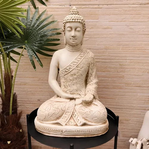 Estatua Buda Flores Artesanal Apto Exterior Ideal Xa Jardin Blanco