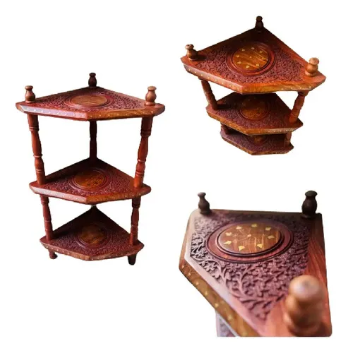 Mueble Esquinero Labrado Pintado Madera Teka De India 3nivel Marrón