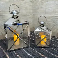 Set X 2 Fanales Plateados 50y30 Cm Faroles Importados India Plateado
