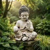 Estatua Buda Niño 65cm Resina Apto Exterior Ideal Jardin Blanco