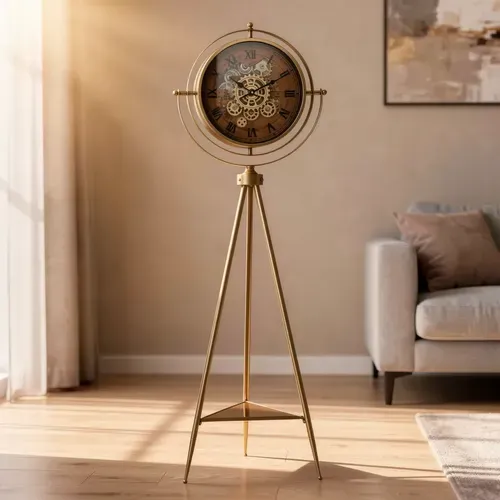Reloj De Pie Trípode Metal Dorado Vintage Engranajes Dorado Oscuro