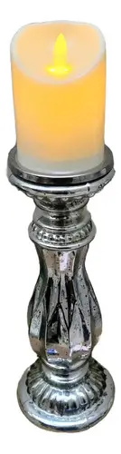 Candelabro Cm Vidrio Y Metal Porta Vela Importado Oriente Plateado