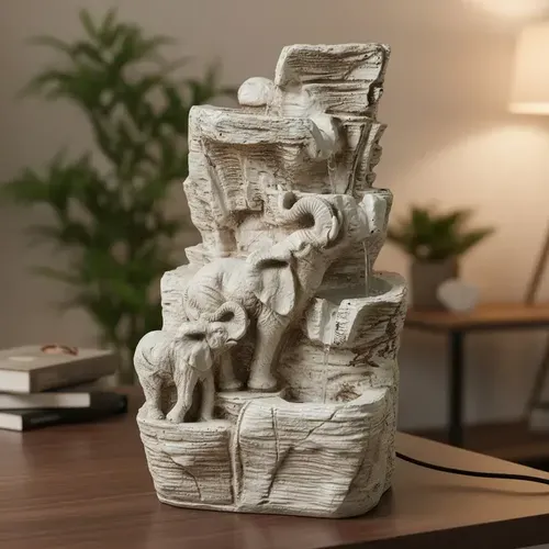 Fuente De Agua Zen Elefante Y Cría Con Caídas Decorativa