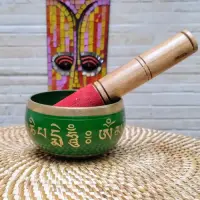 Cuenco Tibeteano 7 Metales Importado 9 Cm 250g Verde Pintado Artesanal