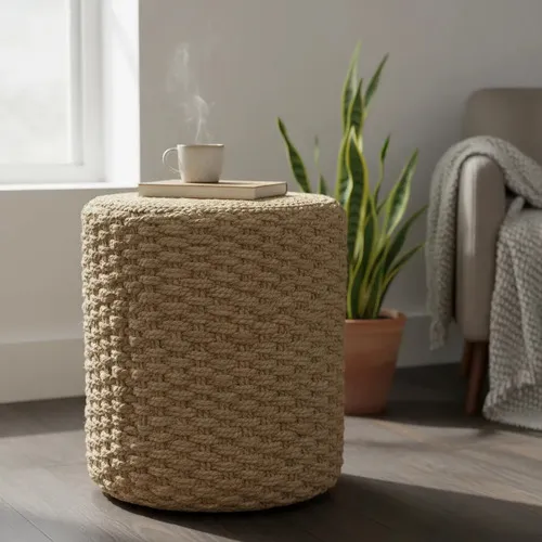 Puff De Yute Natural Rustico Importado Banco Mesa Artesanal Modelo 3