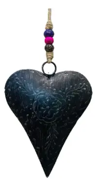 Movil Colgante Hindú Corazón Metal Pintado Y Labrado D India Negro Corazón