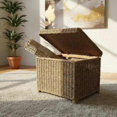 Puff Baúl  Organizador Asiento Cuadrado Kraft Natural C Tapa Marrón Puff Cuadrado