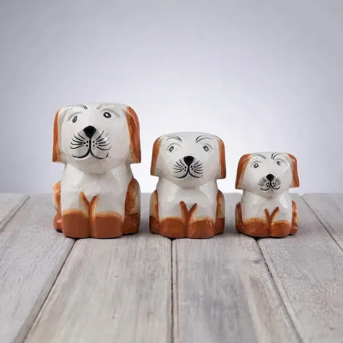 Set 3 Perros En Madera Artesanía India Oferta Decoración Naranja