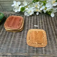 Juego X 4 Posa Vasos De Ratan Natural Y Madera Importados