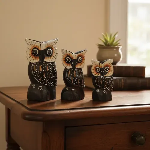Familia De Búhos Hindú Set X 3 Madera Tallada Importado Marrón Oscuro