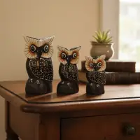 Familia De Búhos Hindú Set X 3 Madera Tallada Importado Marrón Oscuro