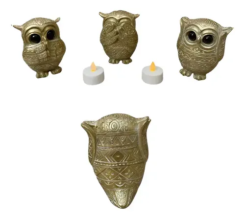 Juego X 3 De Buhos Ciego Sordo Mudo Resina Import Oriente  Dorado