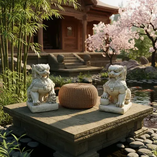 Pareja Perros Leones Fu Gigantes Estatua Proteccion Oriental Blanco