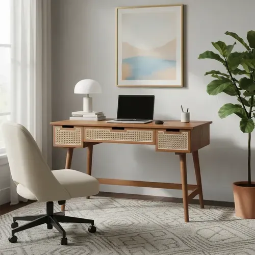 Escritorio Retro Rattan Importado Unico Cajones Pushkar Marrón