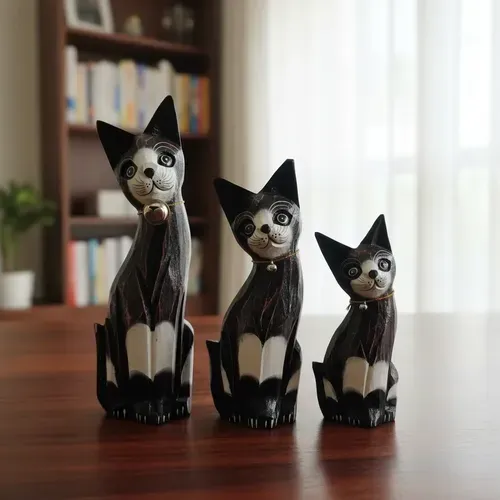 Juego X3 Gatos Tallados Madera Teka Oriente Importados Marrón Oscuro