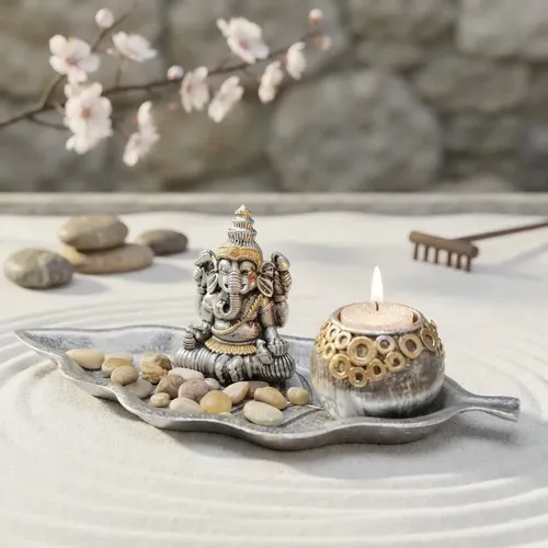 Porta Vela Porta Sahumerio Jardin Zen Ganesha 31cm Importado Plata