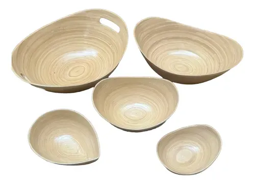 Set X 5 Unidades Bowl De Bamboo Importado Bandejas Apilables Marrón Claro