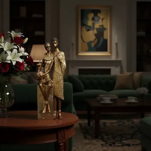 Imagen Pareja Africana Estatuilla Importada Oriente Deco Dorado Oscuro