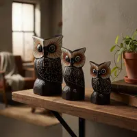 Familia De Búhos Hindú Set X 3 Madera Tallada Importado Marrón Oscuro