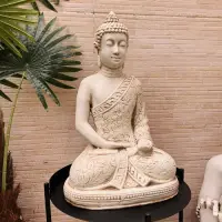 Estatua Buda Flores Artesanal Apto Exterior Ideal Xa Jardin Blanco