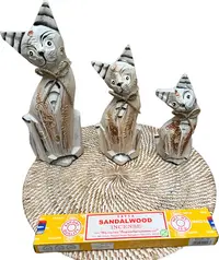 Juego X3 Gatos Tallados Madera Teka Oriente Importados Beige