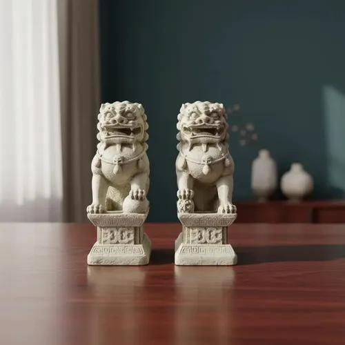 Perros Fu X 2 Estatuilla Resina Import Protección Feng Shui Blanco