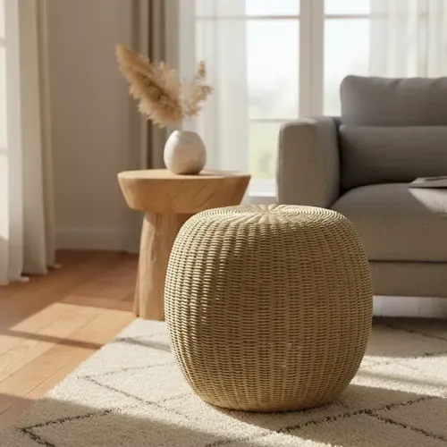 Puf Fibras Naturales Y Madera Artesanal 45 X 40 Cm Banquito