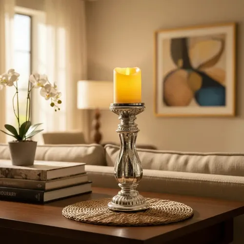 Candelabro Cm Vidrio Y Metal Porta Vela Importado Oriente Plateado