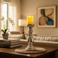 Candelabro Cm Vidrio Y Metal Porta Vela Importado Oriente Plateado