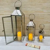 Juego X 3 Faroles Fanal Plateado Porta Vela Metal Importados