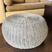 Puff De Fibras Naturales Pintado 60x30 Cm Trenzado Artesanal Gris