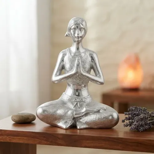 Estatua Yoga Original Decorativa De Resina Plateado