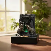 Fuente Elefantes Cascada Agua Sonido Zen Importadas Luz Led Gris