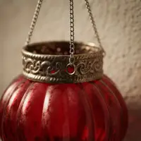 Fanal Colgante Porta Vela Vidrio Importado India 35x12 Cm Rojo