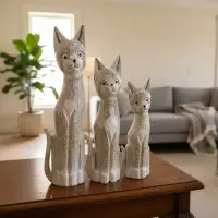 Familia Gatos Madera Oriente Importado Indonesia Artesanal  Blanco