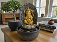 Fuente De Agua Ganesha Cascada Y Led Importada Zen Pushkar Dorado