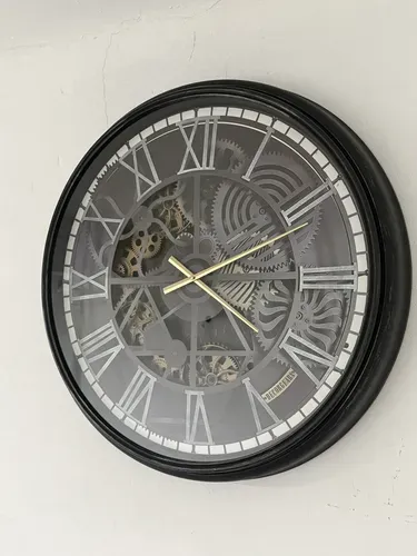 Reloj Importado De Pared 76 Cm Con Engranajes Pushkar Negro Óxido