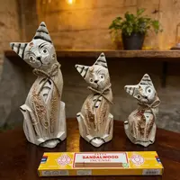 Juego X3 Gatos Tallados Madera Teka Oriente Importados Beige